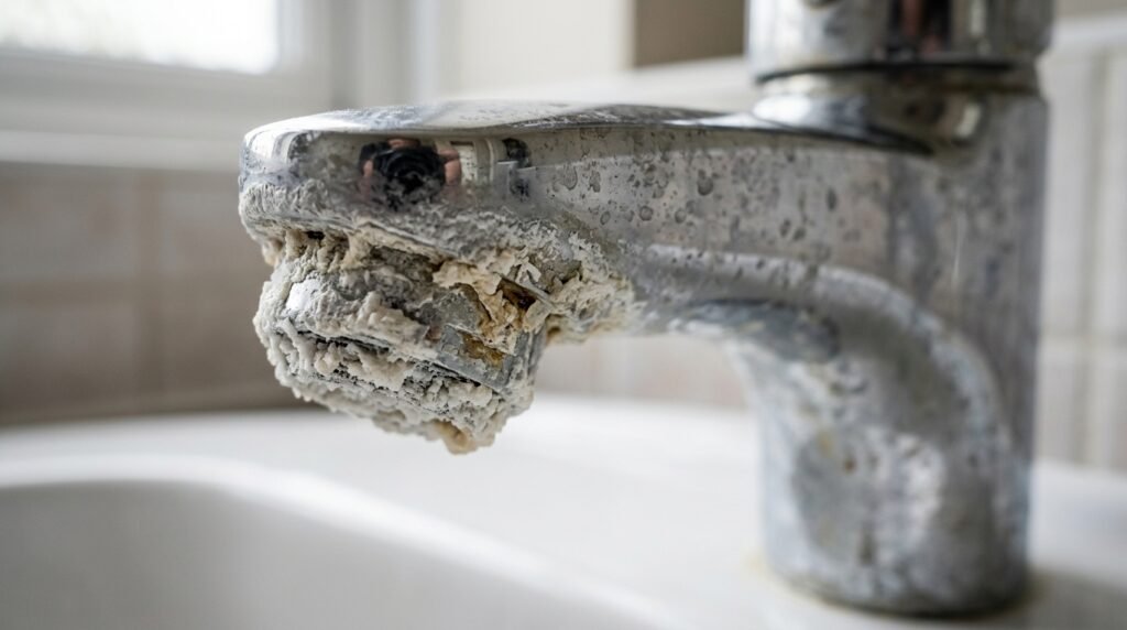 Heavy calcium and limescale buildup on a chrome bathroom faucet, illustrating hard water damage in Northern Utah homes.