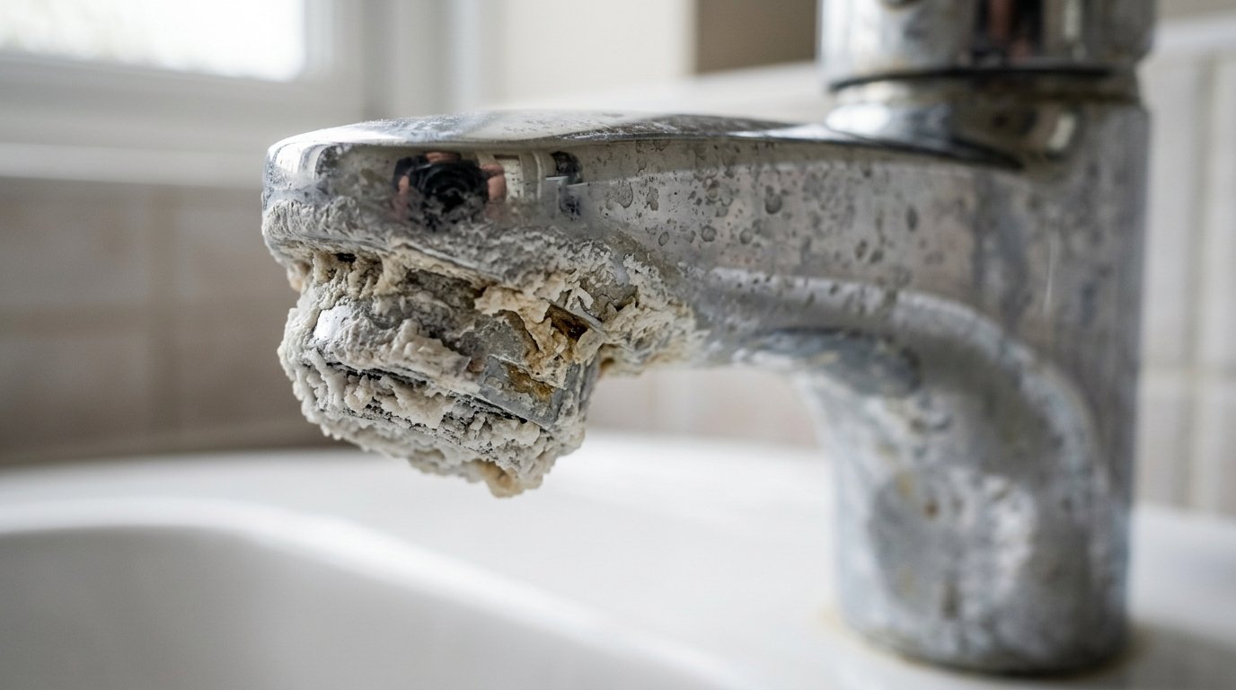 Heavy calcium and limescale buildup on a chrome bathroom faucet, illustrating hard water damage in Northern Utah homes.