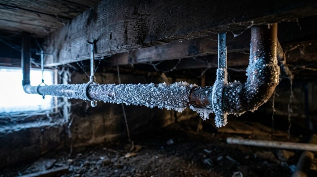 Frozen copper water pipe coated in ice crystals in a basement crawlspace during an Ogden winter cold snap.