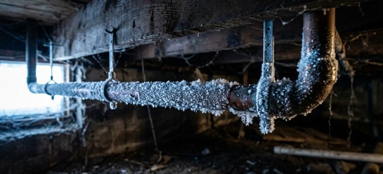 Frozen copper water pipe coated in ice crystals in a basement crawlspace during an Ogden winter cold snap.
