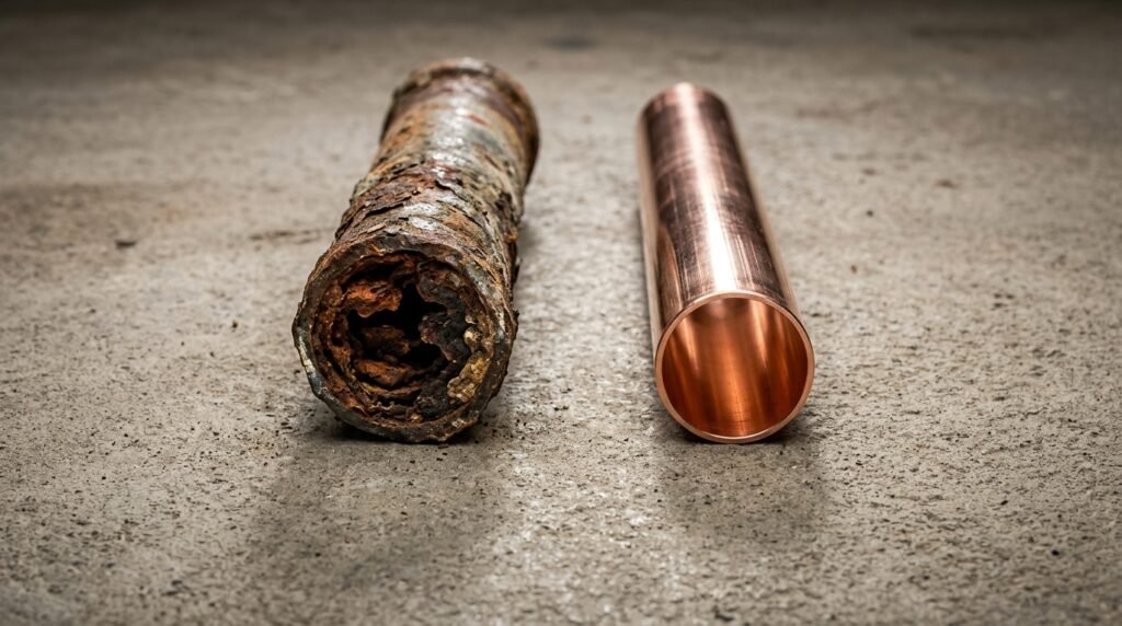 Side-by-side comparison of a corroded galvanized steel water pipe and a new clean copper pipe, showing why older Ogden homes need repiping.