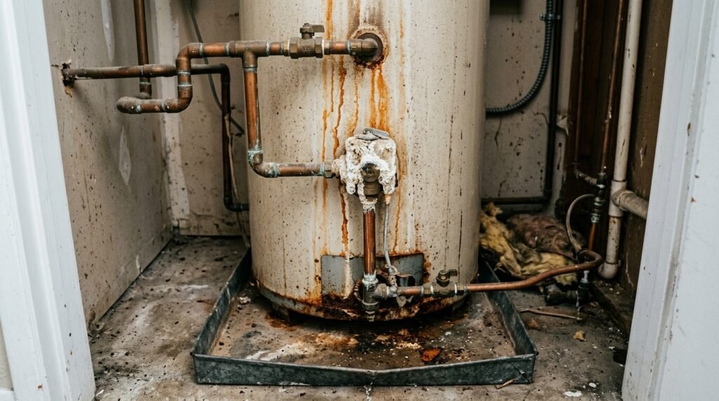 Aging residential water heater showing rust streaks and mineral deposits from years of untreated hard water in Northern Utah.