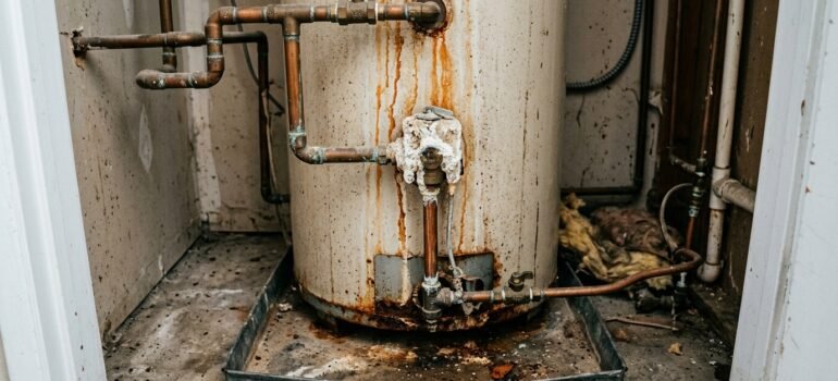 Aging residential water heater showing rust streaks and mineral deposits from years of untreated hard water in Northern Utah.