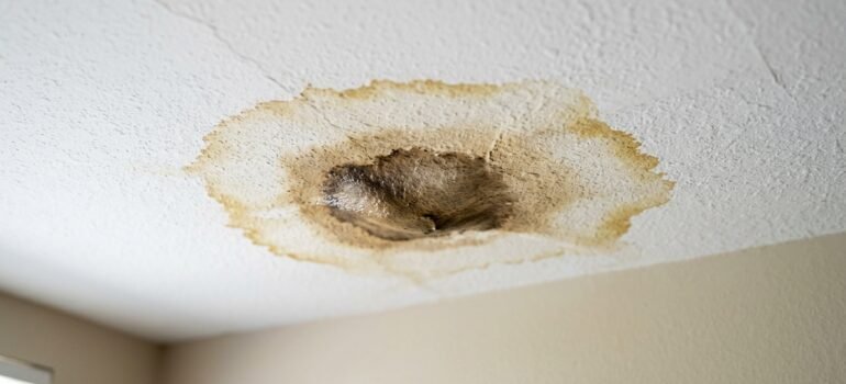 Brown water stain spreading across a white ceiling — a common warning sign of a hidden plumbing leak inside the walls or floor above.