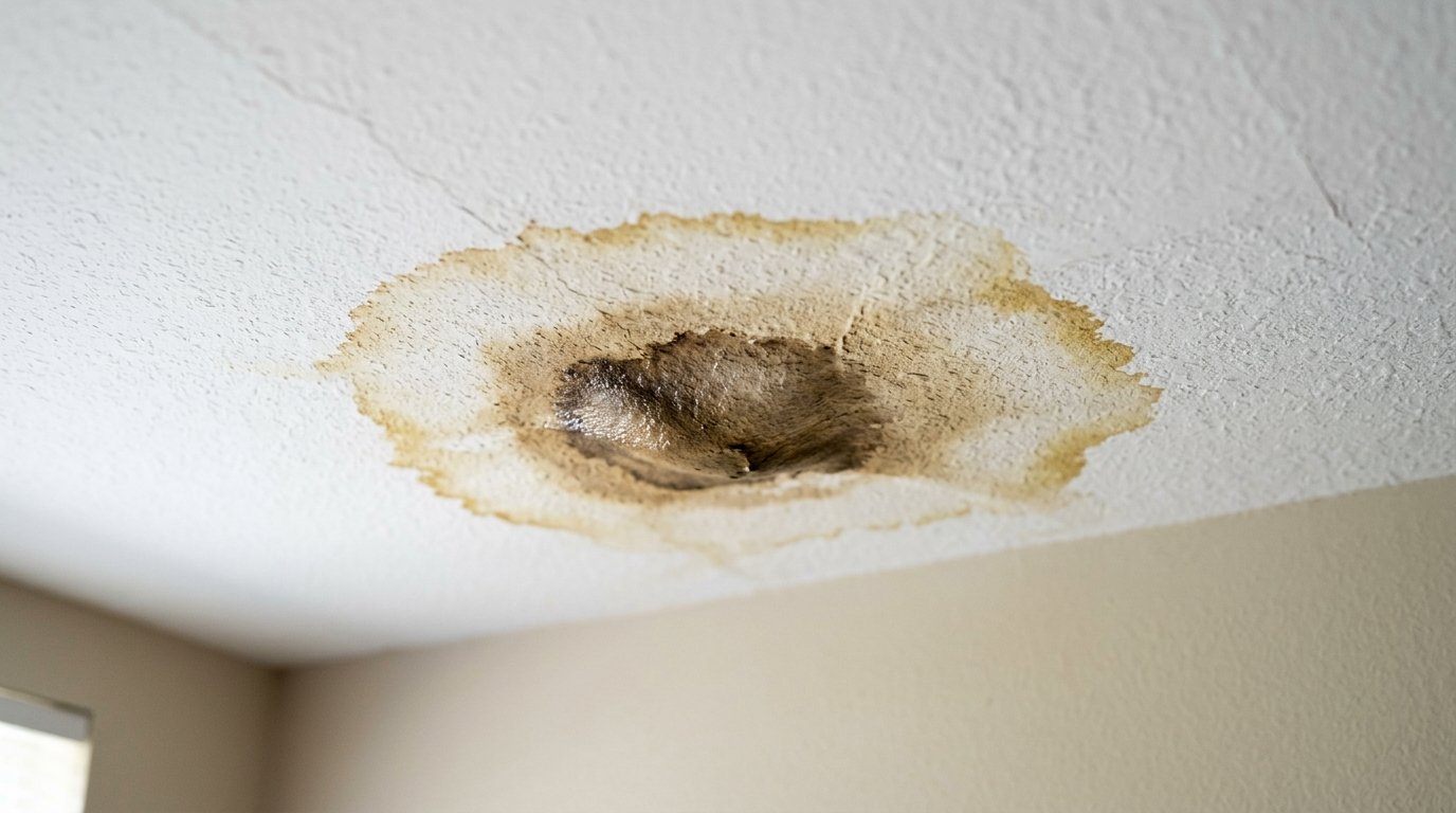 Brown water stain spreading across a white ceiling — a common warning sign of a hidden plumbing leak inside the walls or floor above.