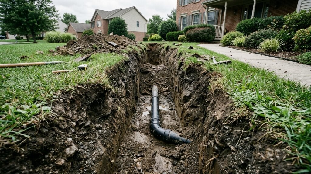 Exposed residential sewer line in an excavation trench in a Northern Utah front yard, showing the buried main drain pipe.