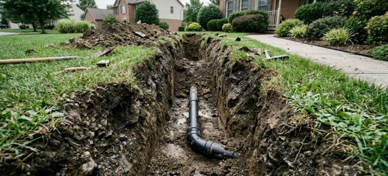 Exposed residential sewer line in an excavation trench in a Northern Utah front yard, showing the buried main drain pipe.