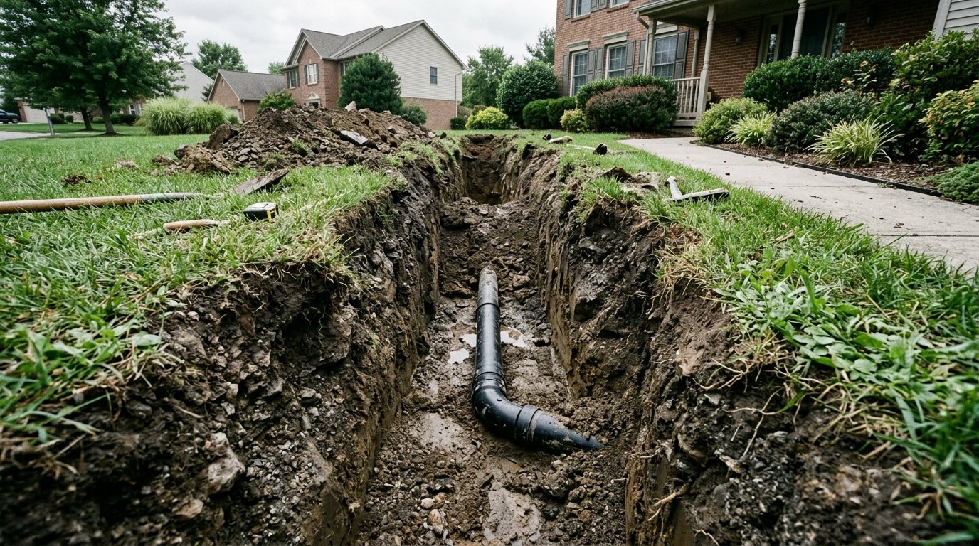 Exposed residential sewer line in an excavation trench in a Northern Utah front yard, showing the buried main drain pipe.