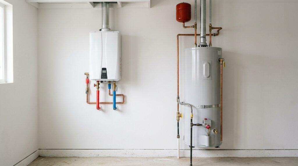 Modern wall-mounted tankless water heater next to a traditional cylindrical tank-style water heater, a side-by-side comparison for Utah homeowners.