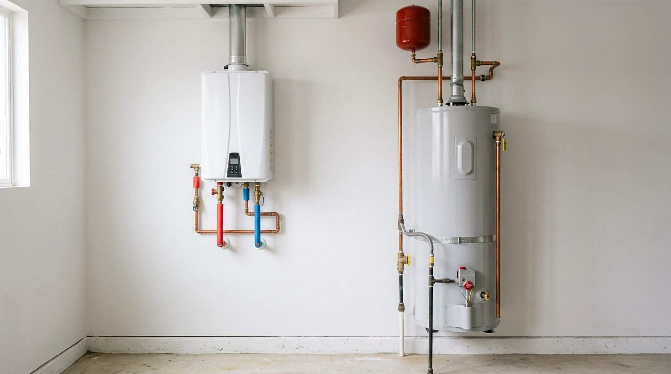 Modern wall-mounted tankless water heater next to a traditional cylindrical tank-style water heater, a side-by-side comparison for Utah homeowners.