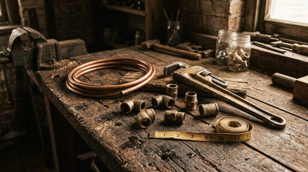 Vintage brass plumbing tools and pipe fittings on a weathered workbench, representing over a century of plumbing experience in Ogden.