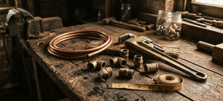 Vintage brass plumbing tools and pipe fittings on a weathered workbench, representing over a century of plumbing experience in Ogden.