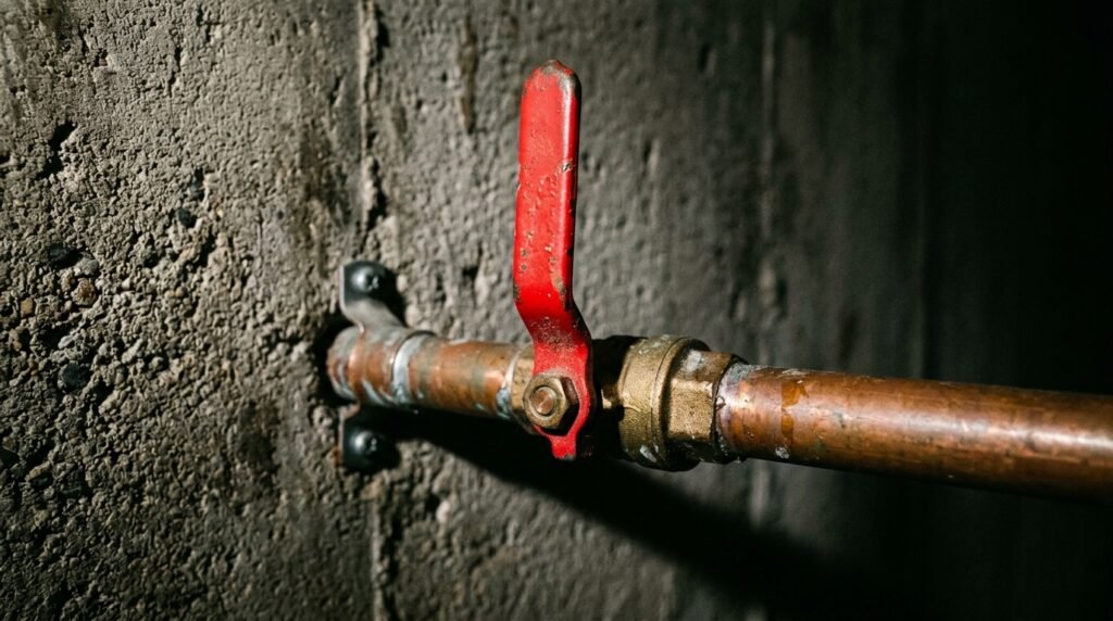 Main water shut-off valve with red lever handle on a copper supply line — the first thing to know in a plumbing emergency.