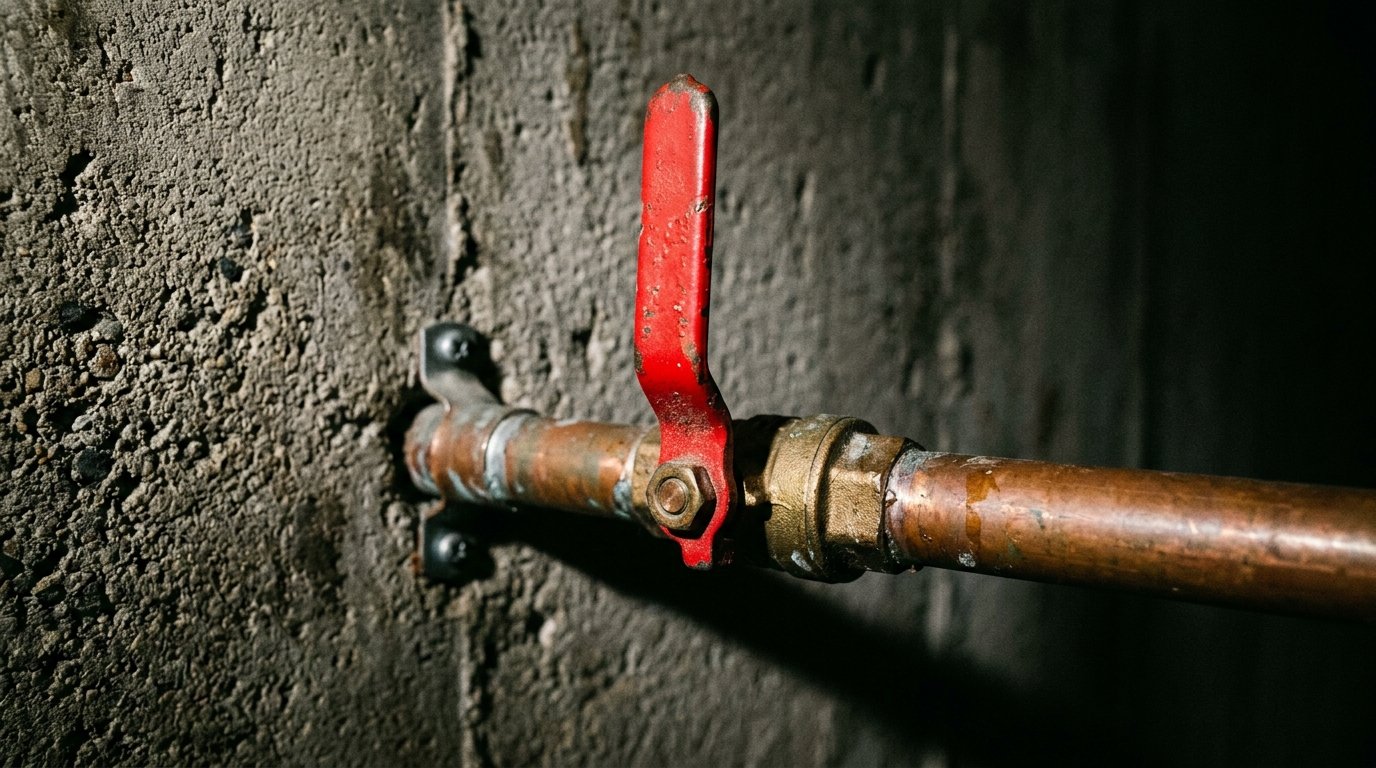 Main water shut-off valve with red lever handle on a copper supply line — the first thing to know in a plumbing emergency.