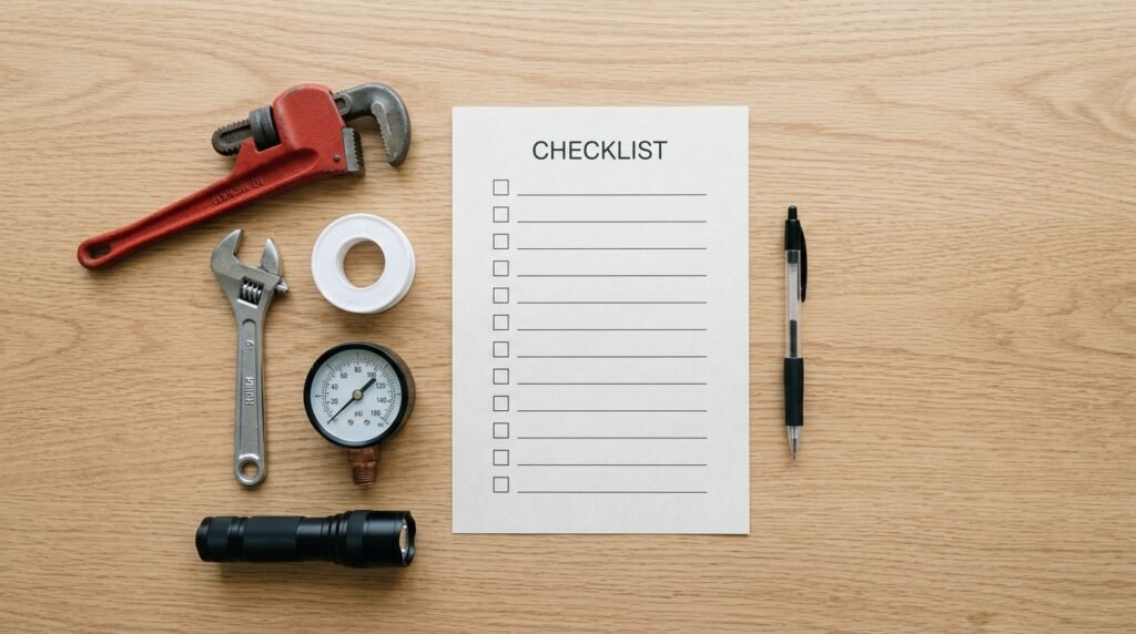 Flat-lay of basic plumbing tools, a checklist, and a pressure gauge — the essentials of annual home plumbing maintenance in Utah.