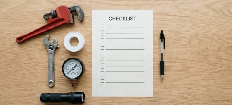Flat-lay of basic plumbing tools, a checklist, and a pressure gauge — the essentials of annual home plumbing maintenance in Utah.