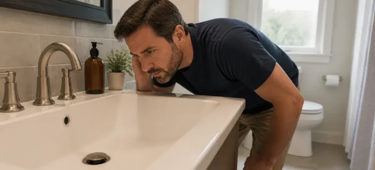 Ogden homeowner listening to a gurgling bathroom drain after flushing a toilet