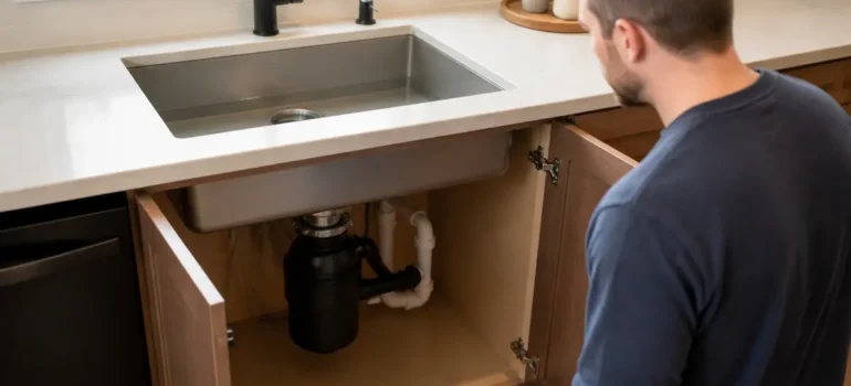 Kitchen sink with standing water above a humming garbage disposal in an Ogden home