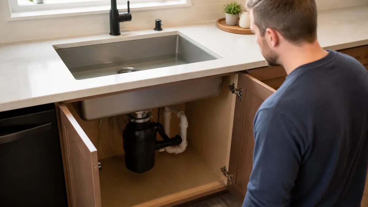 Kitchen sink with standing water above a humming garbage disposal in an Ogden home