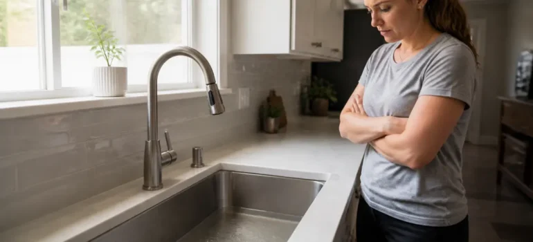 Slow-draining kitchen sink in an Ogden home with standing water near the drain
