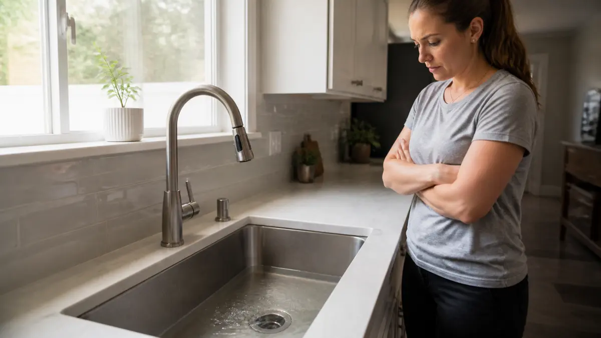 Slow-draining kitchen sink in an Ogden home with standing water near the drain