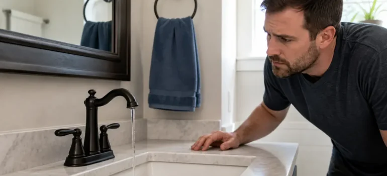 Ogden homeowner comparing hot and cold water flow at a bathroom faucet