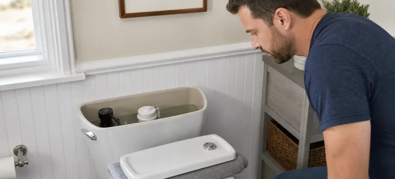 Open toilet tank in an Ogden bathroom during a slow refill observation
