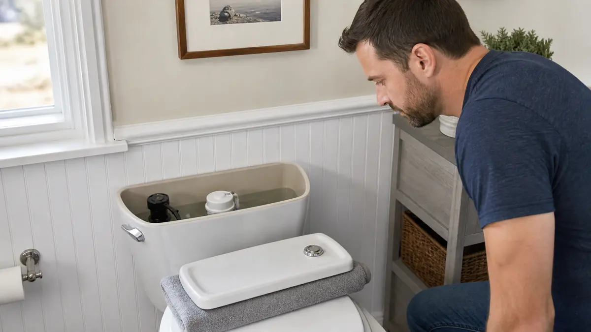Open toilet tank in an Ogden bathroom during a slow refill observation