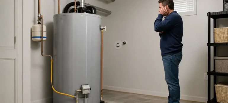 Homeowner listening from a safe distance to a noisy water heater in Ogden