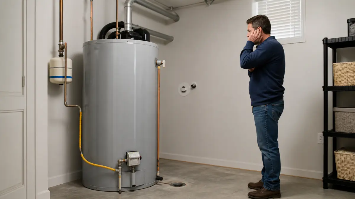 Homeowner listening from a safe distance to a noisy water heater in Ogden