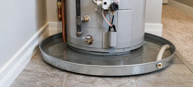 Water visible in a drain pan below a residential water heater